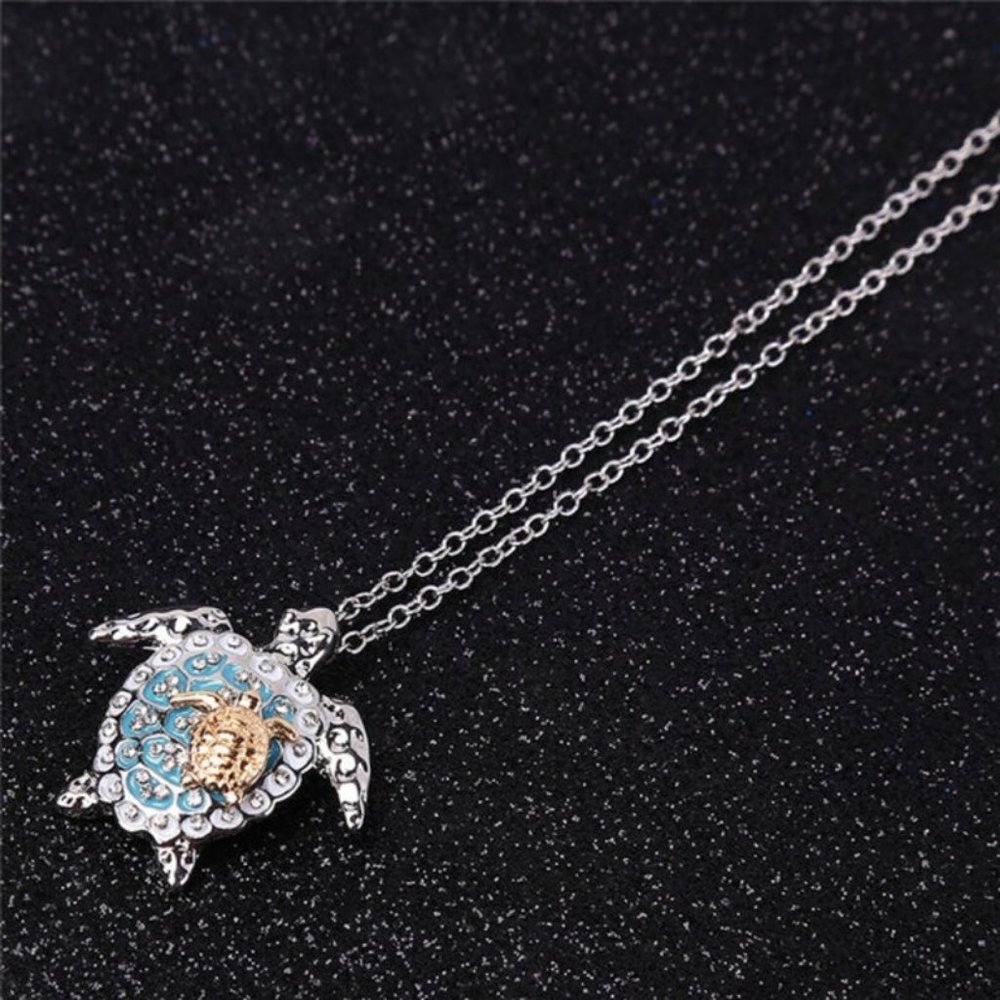 **NEW! BEAUTIFUL BLUE SILVER TURTLE & GOLD BABY TURTLE NECKLACE PENDANT - Picture 4 of 4